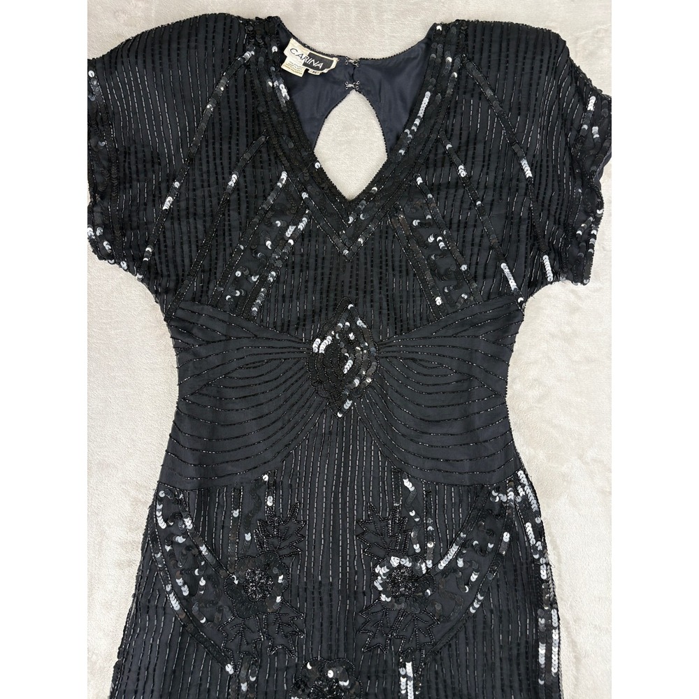 Vintage Carina Black Pure Silk Beaded Sequin Art Deco Flapper Mini Dress Medium - Picture 2 of 9